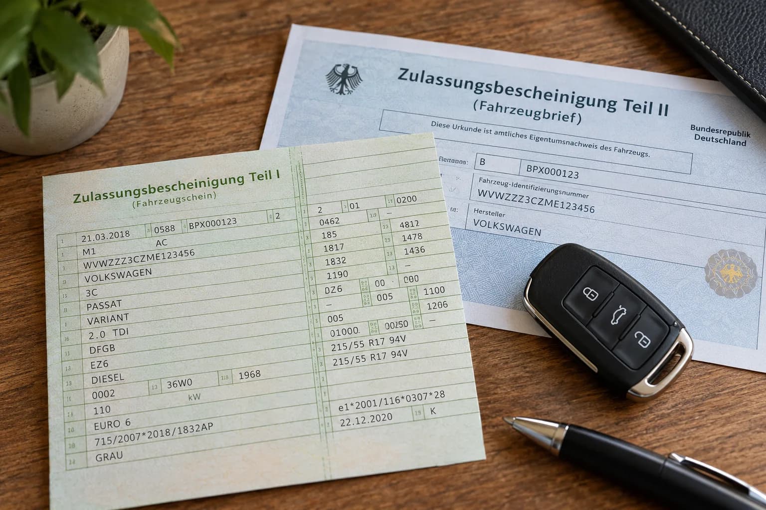 Zulassungsbescheinigung Teil I und Teil II auf einem Tisch