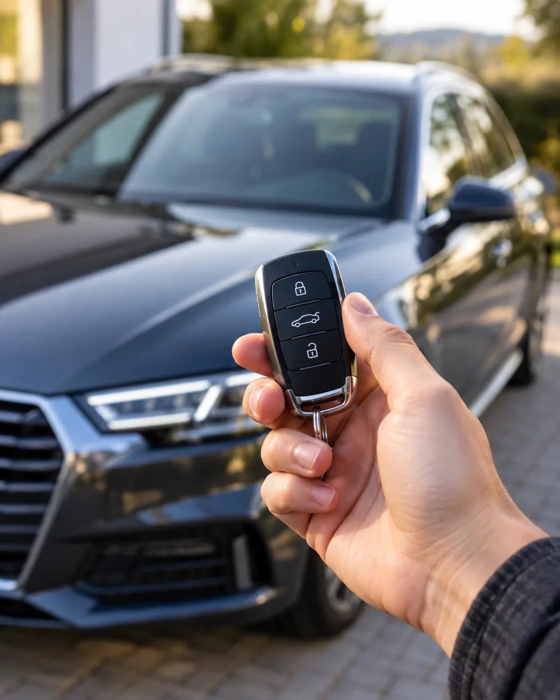 Übergabe eines Autoschlüssels vor einem Fahrzeug